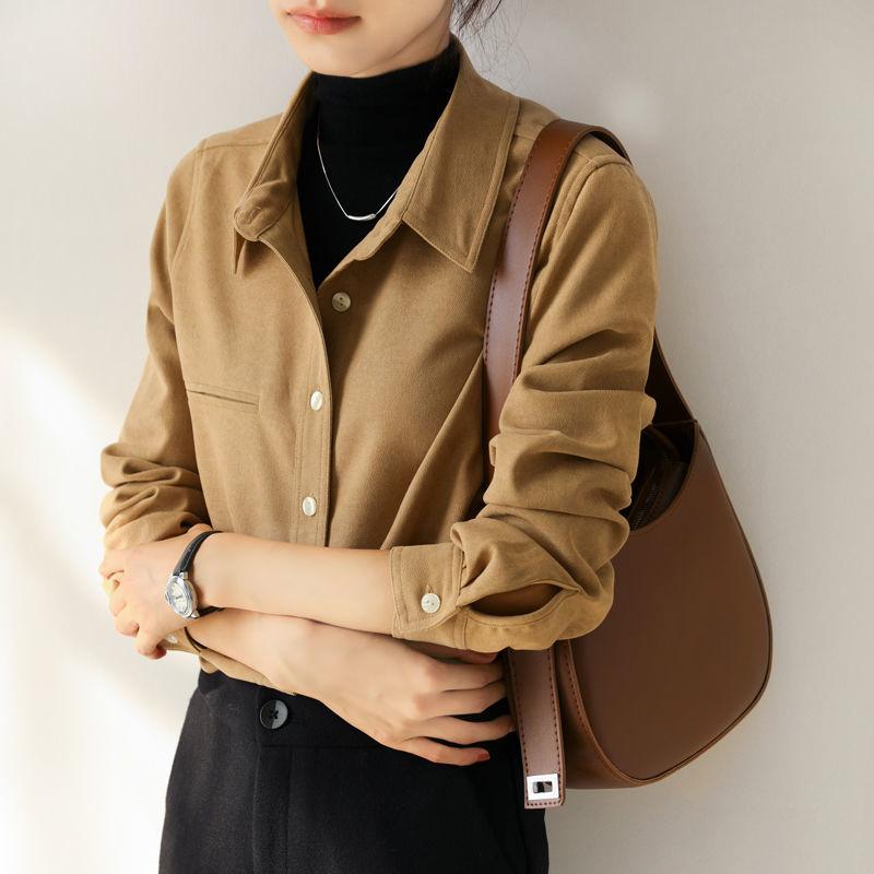 Women's Office Commuter Polished Shirt Solid Color Vintage Lining Shirt Female Long-sleeved Tops Spring and Autumn Winter
