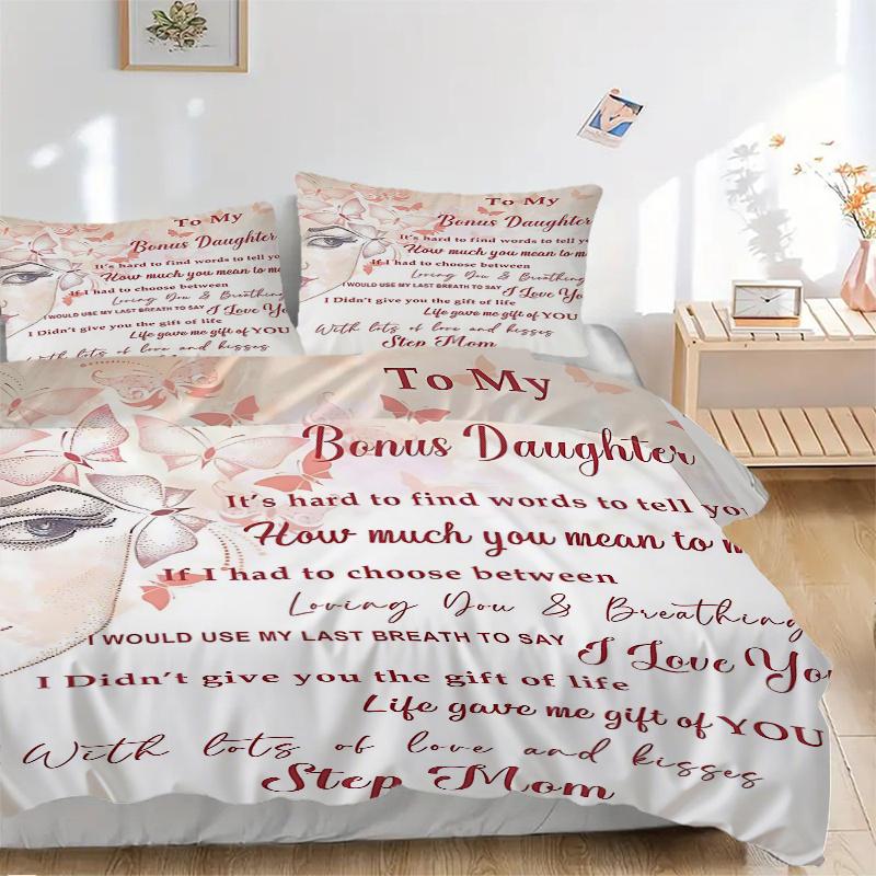 3pcs Heartfelt Message from Step Mom Bedding Set, 1 Soft Quilt Cover + 2 Pillowcases, Machine Washable, Suitable for All Seasons