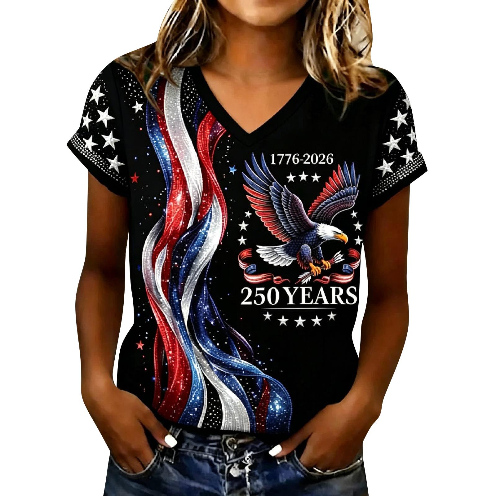 

Women s Casual V Neck Short Sleeve Pullover T Shirt Independence Day Print Top Lightweight Comfortable Fit Daily Wear L чёрный