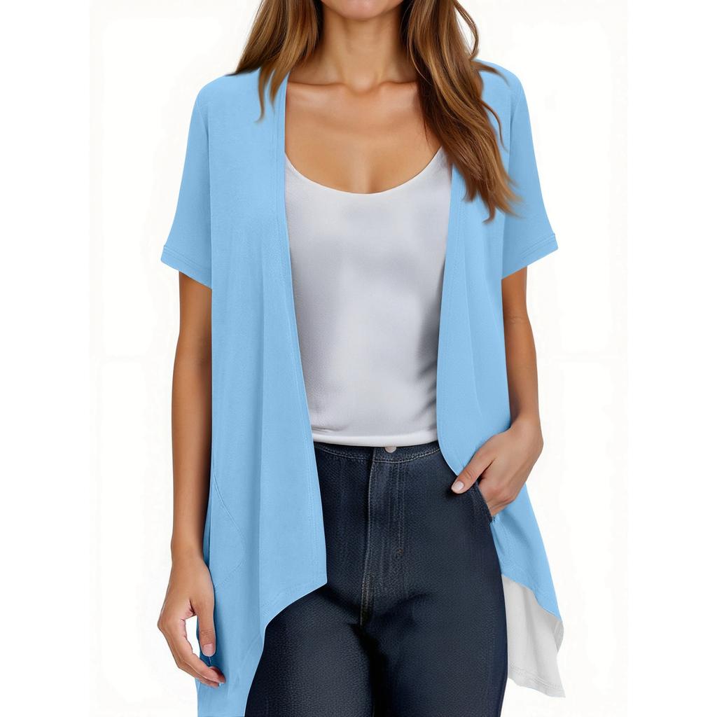 Women's Fashion Solid Color Irregular Hem Short Sleeve Cardigan Pocket Jacket