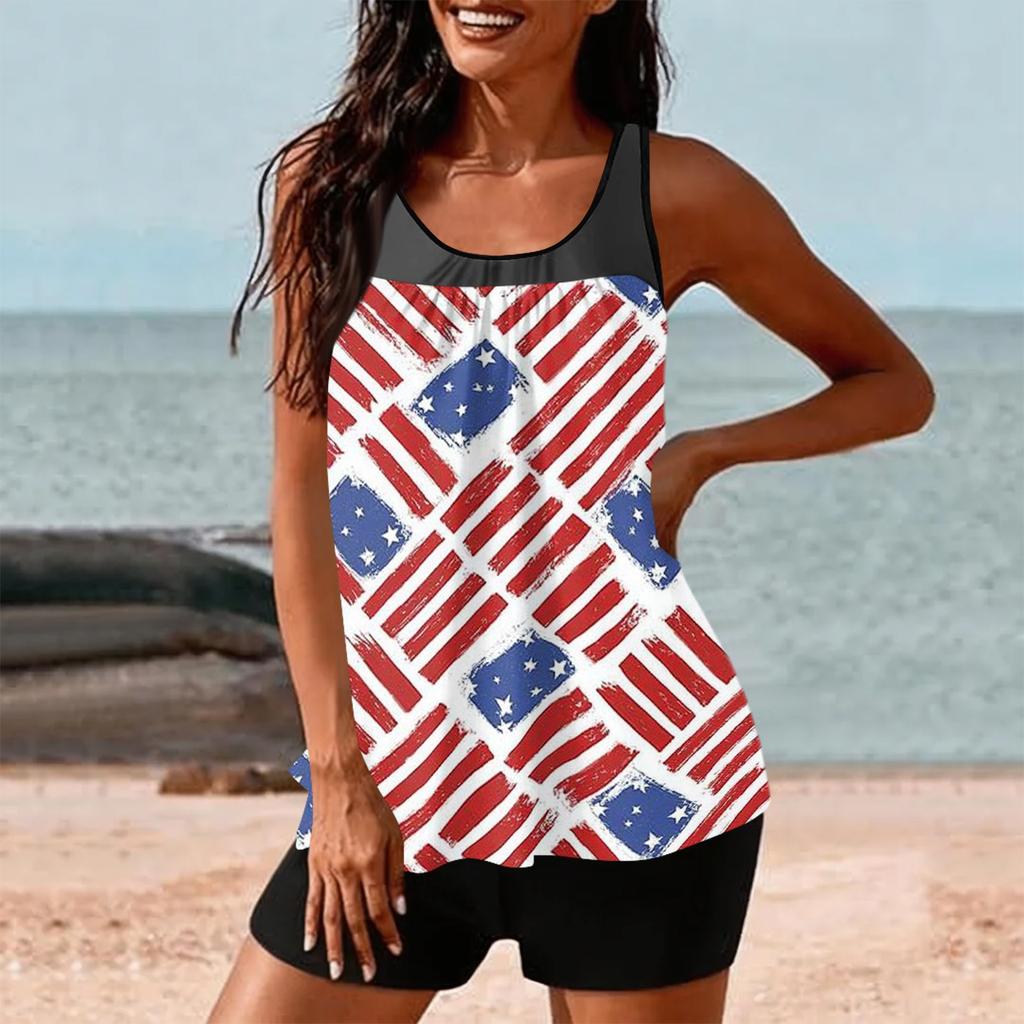Women’s Sleeveless Tankini Top and Shorts Set Star Print Swimwear Two Piece Swimsuit Athletic Bathing Suit for Summer Beach Pool
