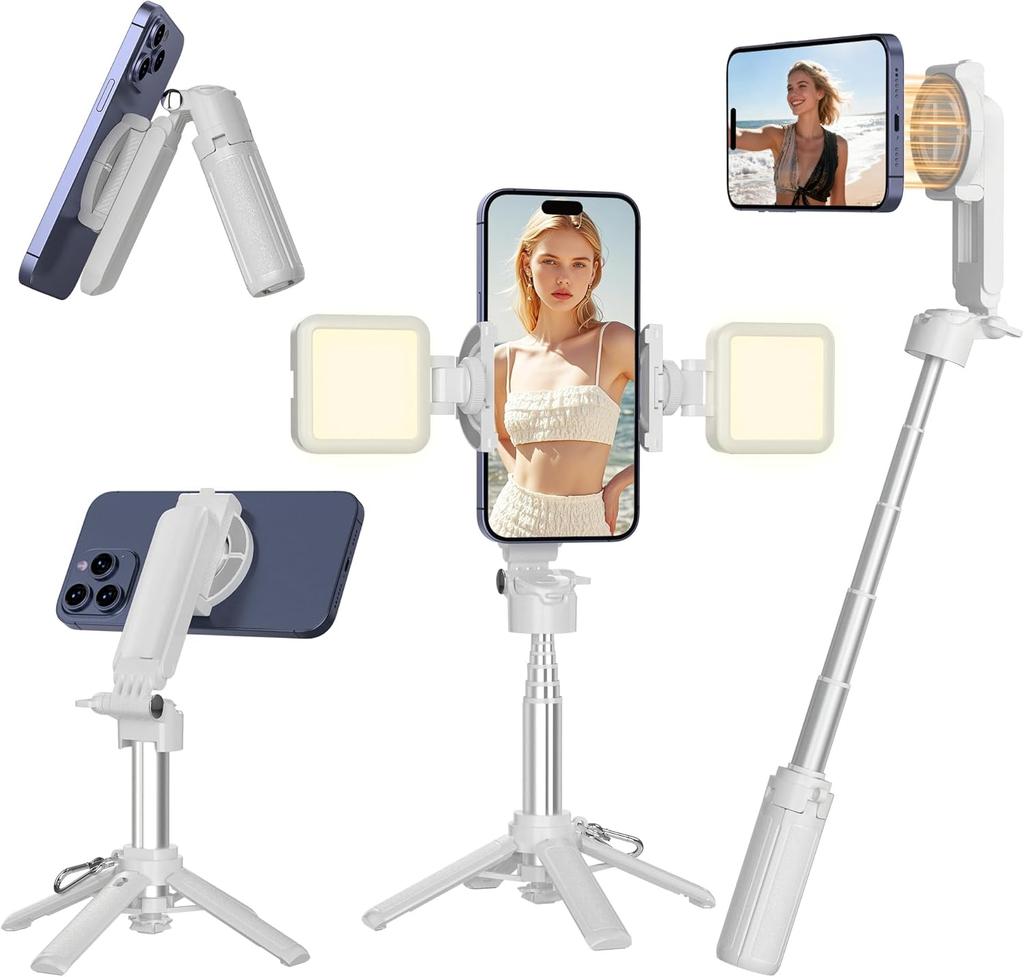 Magnetic Mini Selfie Stick for iPhone, 4 In 1 Portable Pocket Size Tripod for iPhone MagSafe/Android with Remote/Cold Shoe Mount
