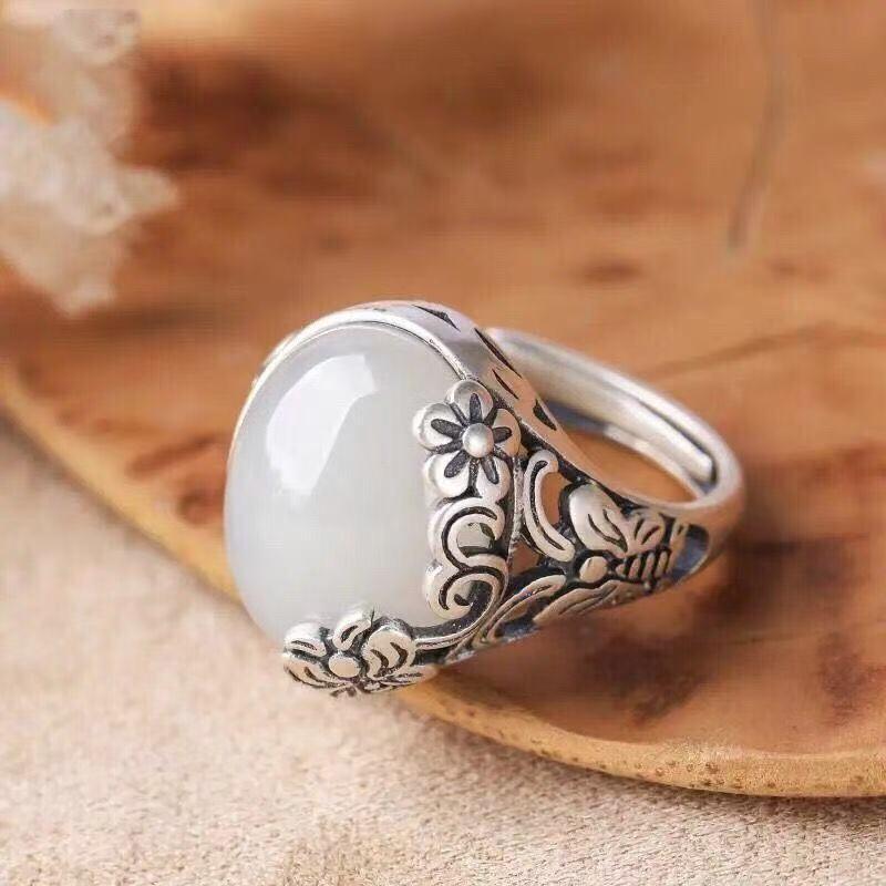 Retro White Jade Butterfly Flower Silver Ring - Unique Index Finger Design