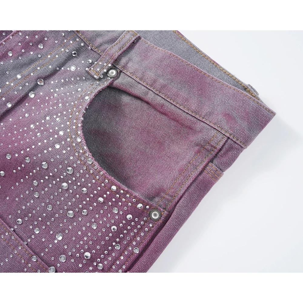 Streetwearové volné džínové šortky s celoplošným potiskem z kamínků pro muže, s roztrhanými dírami, prané, krátké, ležérní, volné, pětikapsové