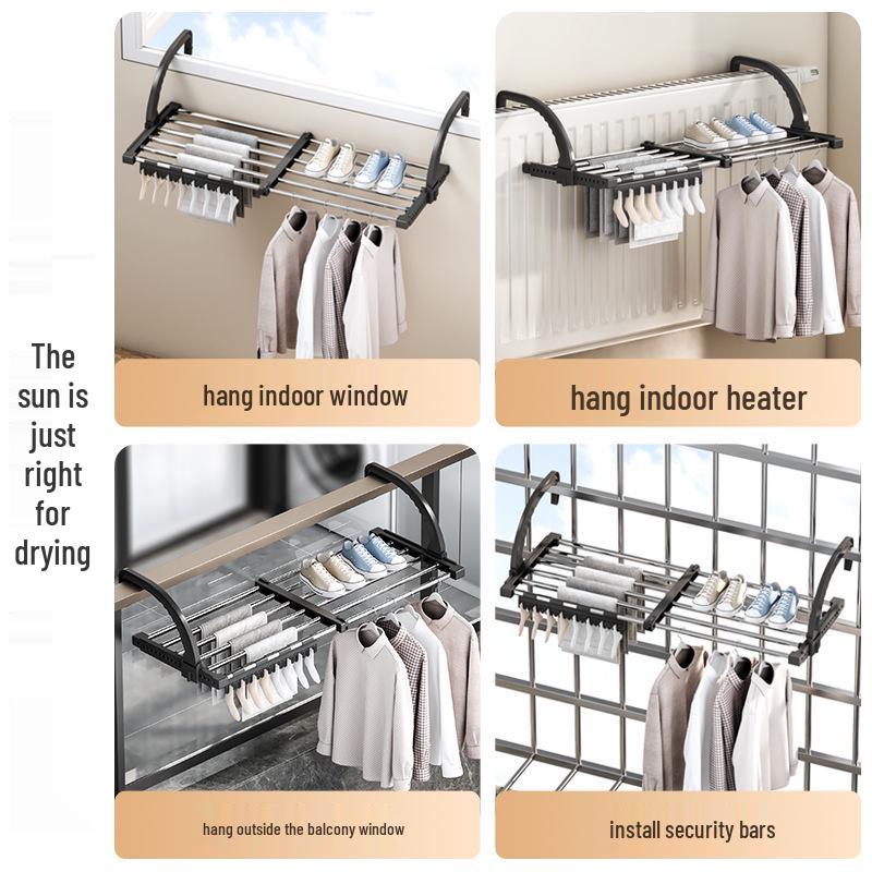 Telescopic Punch-Free Clothes & Shoe Drying Rack for Window Railings and Balcony