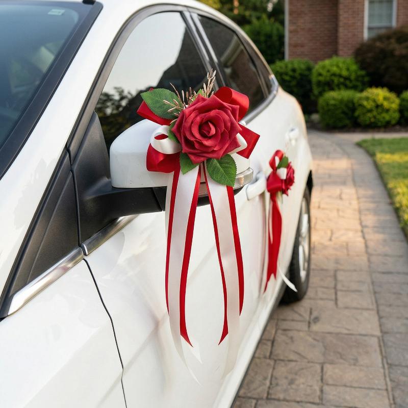 Retro Bow Wedding Car Flower - Simulation Floral Decoration for Auto Rearview Mirror, Door Handle, and Grille, Car Ornament