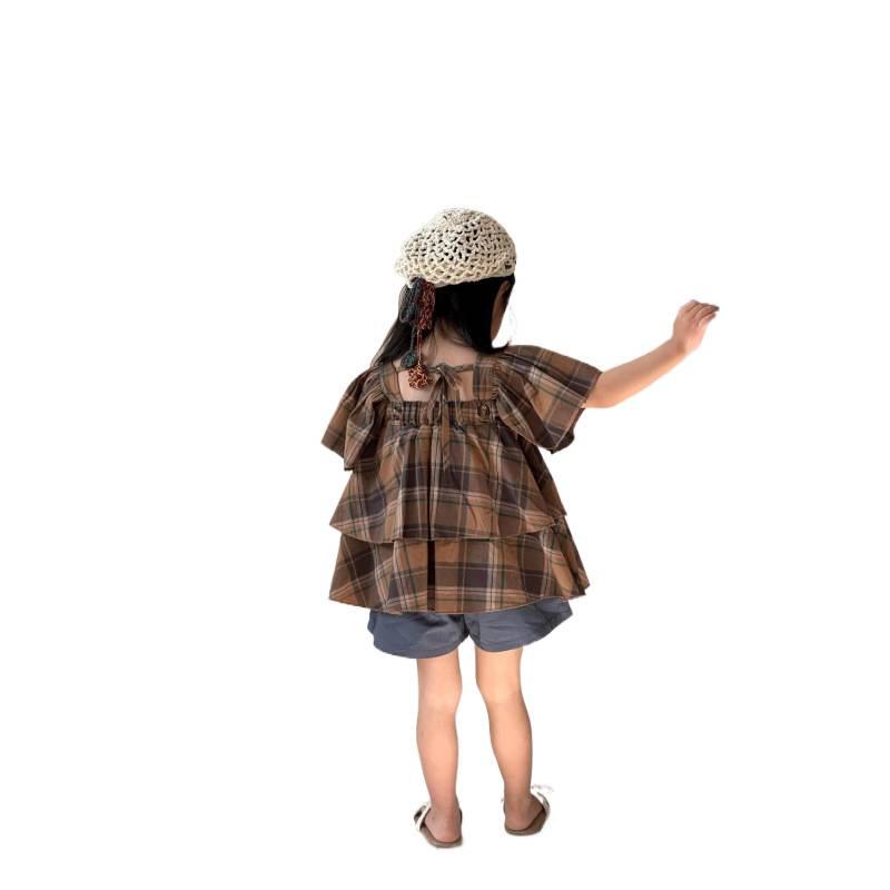 2026 Girls' Mori-style Coffee Plaid Flutter Sleeve Top + Dark Green Shorts Set