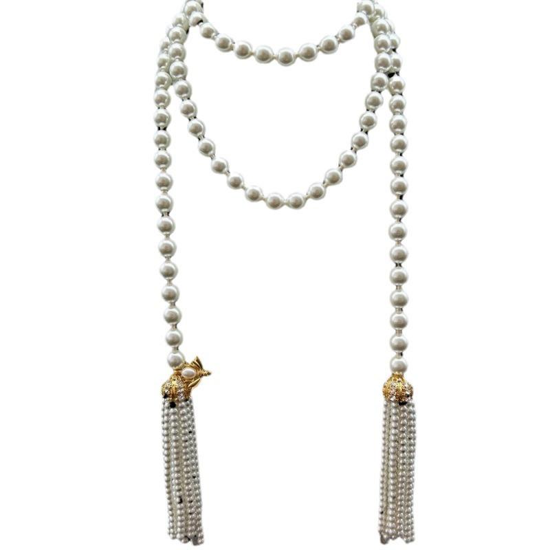 Vintage French Pearl Tassel High-end Temperament Elegant Bee Buckle Necklace Sweater Chain Waist