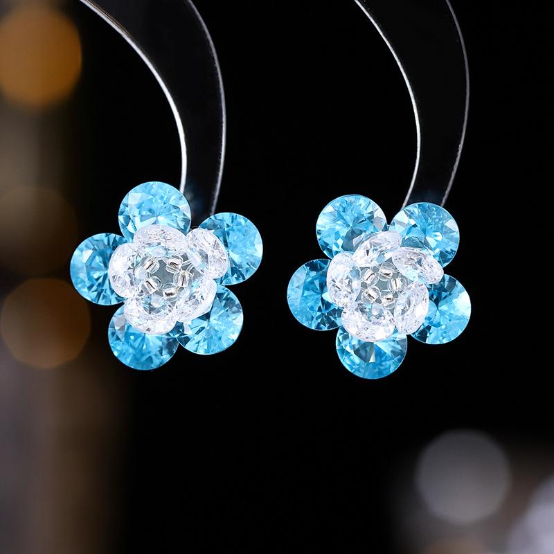 925 Silver Needle Flower Crystal Earrings, Korean Style High-End Zircon Studs, Sweet Dopamine Design for Women