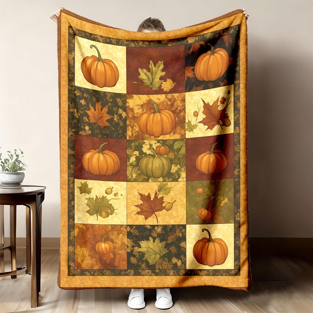 2026 New Style 1pc Comfortable Modern Style Pumpkin and Maple Leaf Pattern Flannel Throw Blanket, Suitable for All Seasons, Soft Polyester Digital Pri