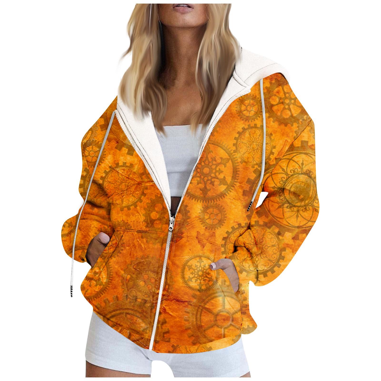 

Женская толстовка с длинным рукавом и принтом, куртка с карманом и длинными рукавами, пальто с капюшоном на молнии, осень XL оранжевый