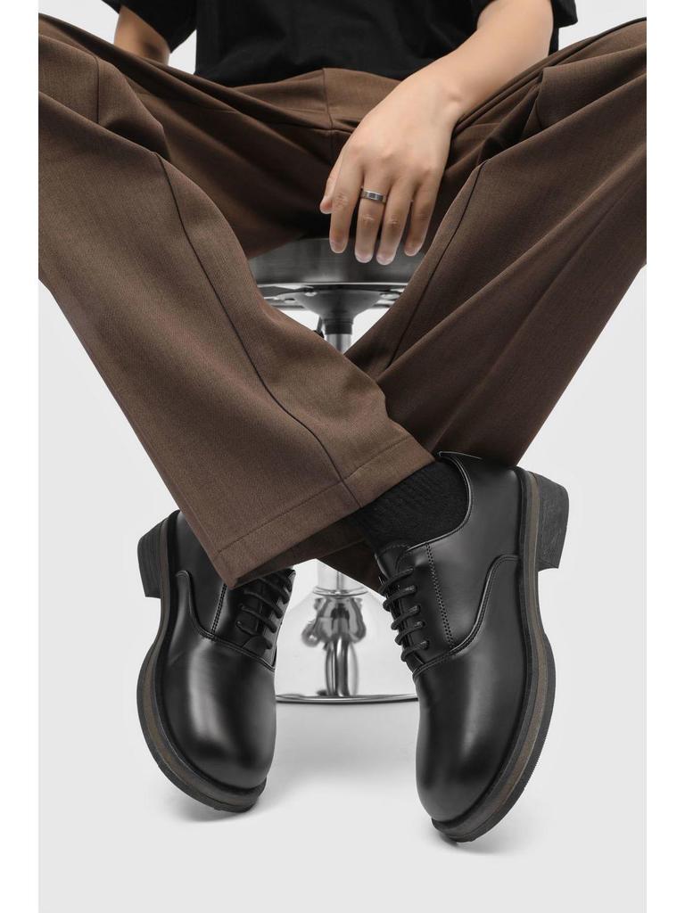 Men's Black Genuine Leather Derby Shoes - High-End, Round Toe, Formal/Casual, French/Japanese-Inspired.