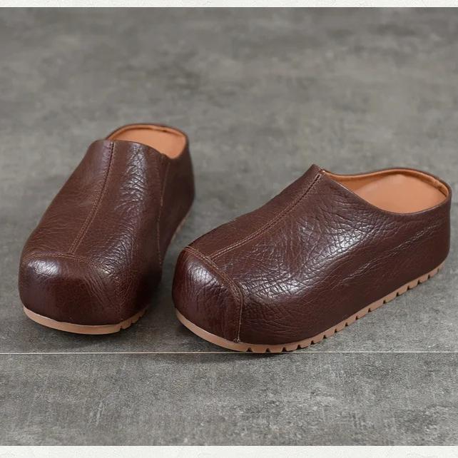Johnature Genuine Leather Height-increasing Sandals Versatile Thick Soled Round Toe Women's Outdoor Slippers