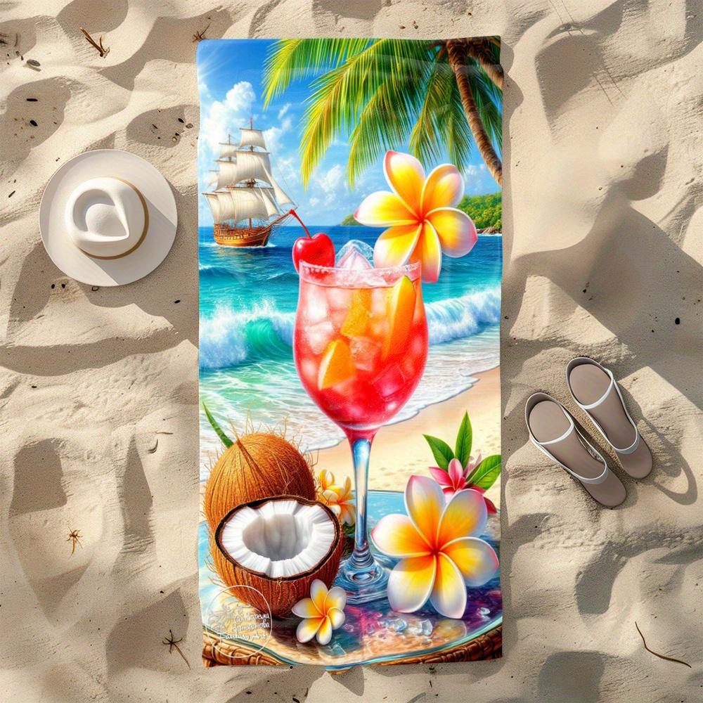 Tropical Cocktail Coconut Flower Print Beach Towel Summer Ocean Quick Dry Towel for Beach Swimming Pool Travel Camping Gym Daily