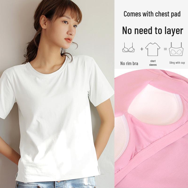 T-shirt da donna a maniche corte con reggiseno integrato, Top in cotone per il tempo libero per Primavera/Estate