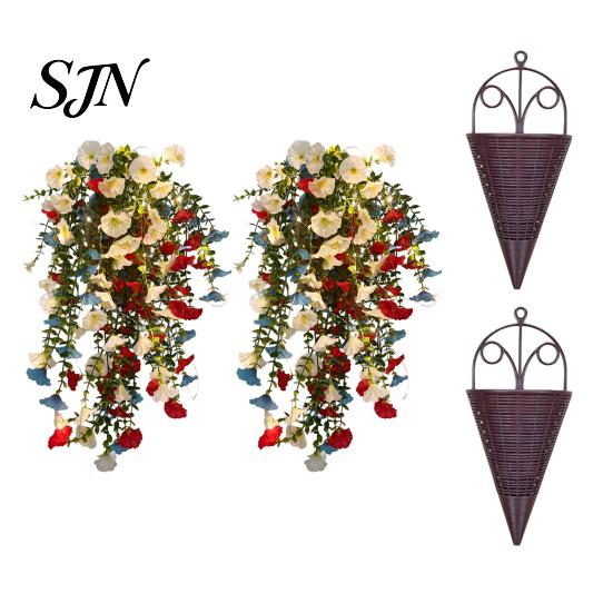 Fade Resistant Decor Patriotic Hanging Basket, Red White Blue Artificial Flowers for America's Flower Basket 250th Anniversary, UV Outdoor Indoor