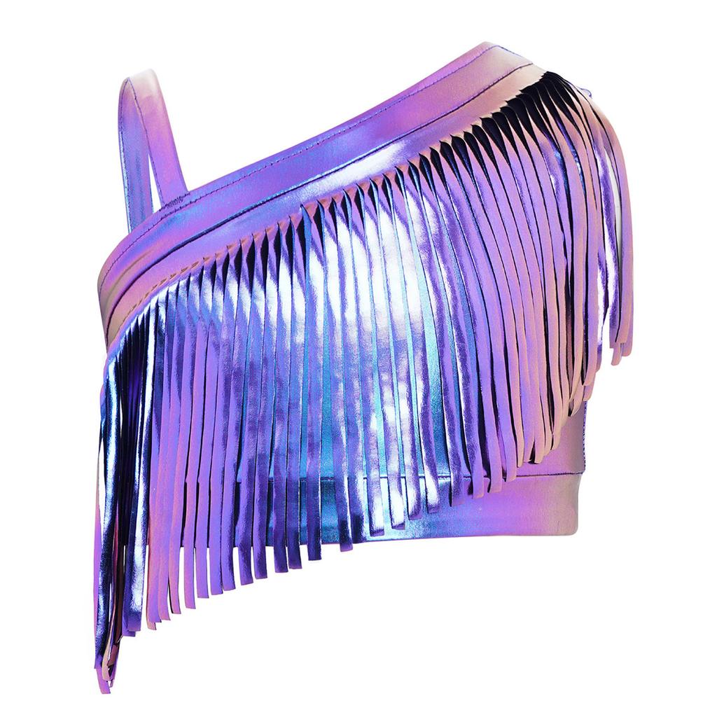 Mädchen Jazz Dance Crop Top Asymmetrische Schulter Metallische Quasten Tanzbekleidung
