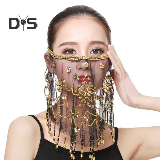 Performance Závoj Květina Flitry Korálky Dekor Krajka Břišní tanec Tribal Obličejový Závoj Nastavitelný popruh Indický Dance Závoj Halloween Kostýmový doplněk