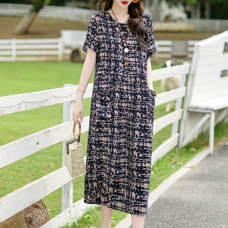 Vintage Print Lange Jurken voor Vrouwen Plus Size Korte Mouw Casual Zomerjurk Elegante Middelbare Leeftijd Dameskleding