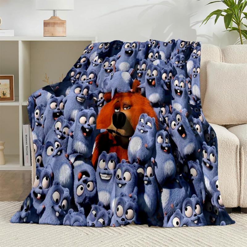 1PC Bear And Blue Critter Adventure Flannel Blanket Gift, Suitable for Both Men And Women, Soft Ideal for Beds And Sofa, Birthday Or Christmas Gift