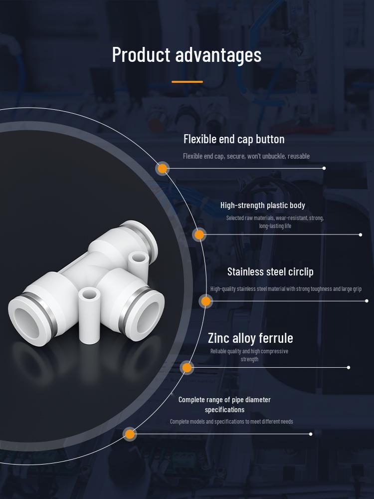 T-Type Pneumatic Quick Connect Fitting, 3-Way, PU Sizes 4-16mm