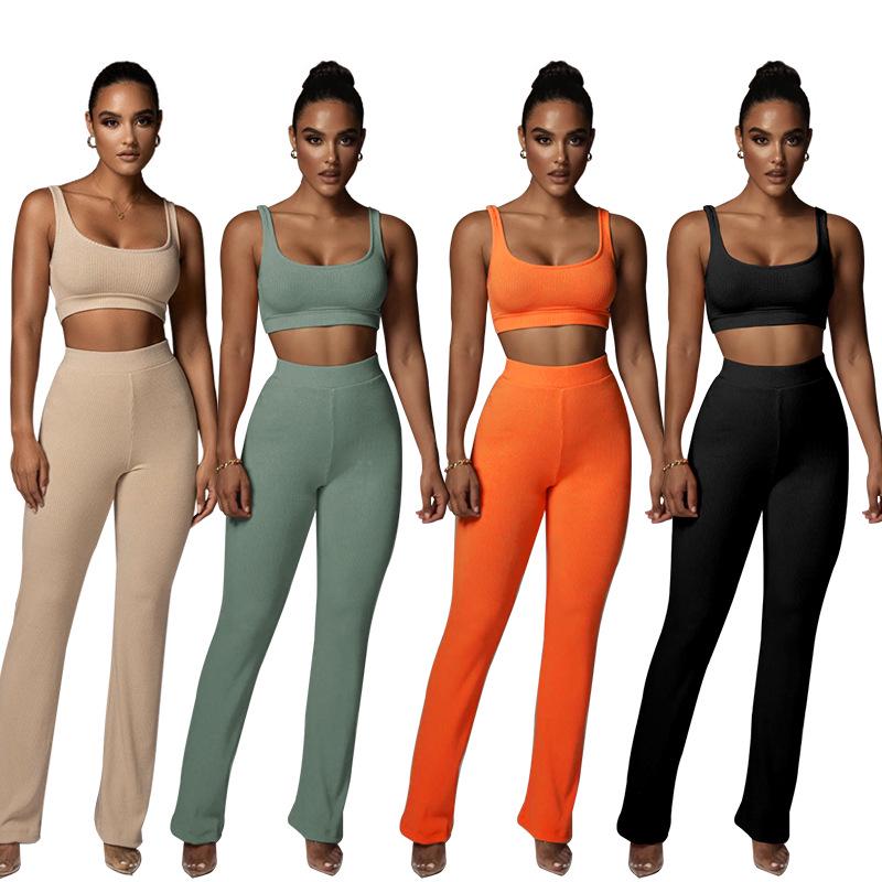 European and American Women's Fashion: Solid Color High-Elastic Shaping Rib-Knit Short-Sleeve Top & Wide-Leg Pants Two-Piece Set.