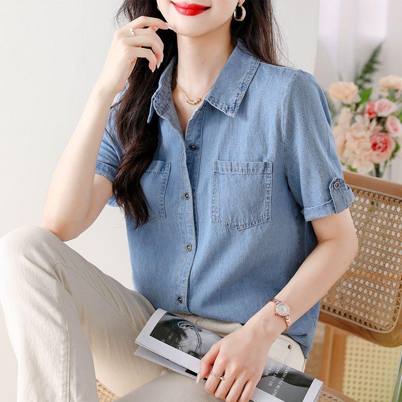 

Cross-Border European American Summer New Fashion Single-Breasted Pocket Loose All-Match Blue Denim Short Sleeve Shirt Top Female Blue(Figure) 2XL
