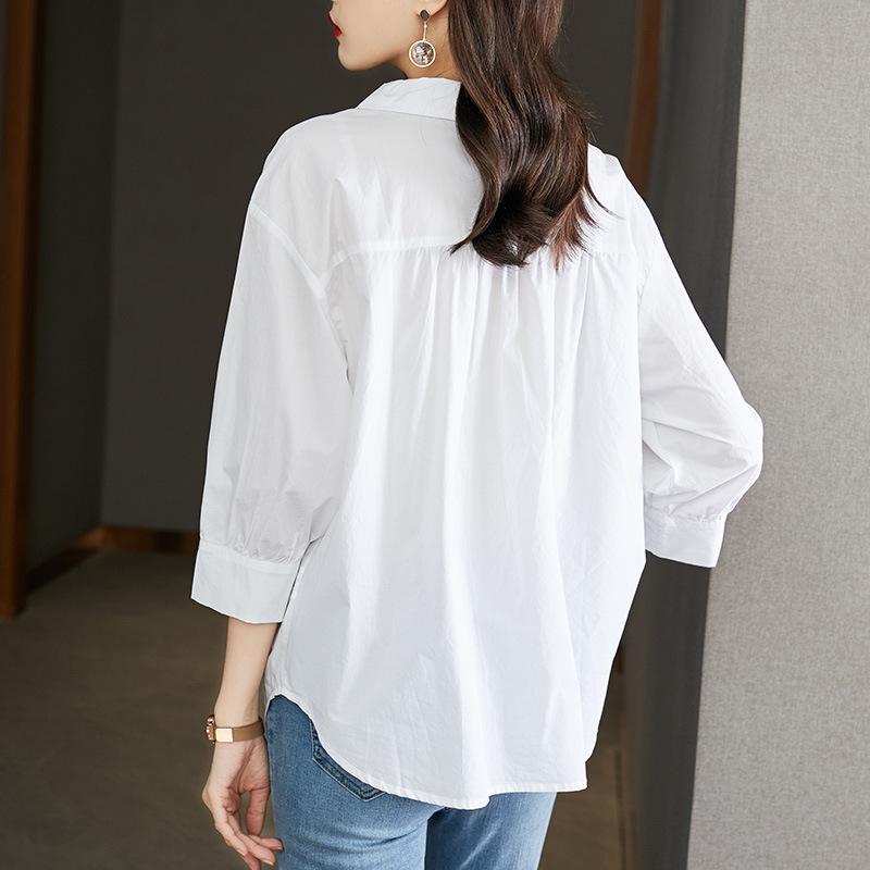 White Blouse Womens Seven-quarter Sleeves Latest Korean Version Lantern Sleeves Top Comfortable Fit Leisure Pure Cotton Blouse