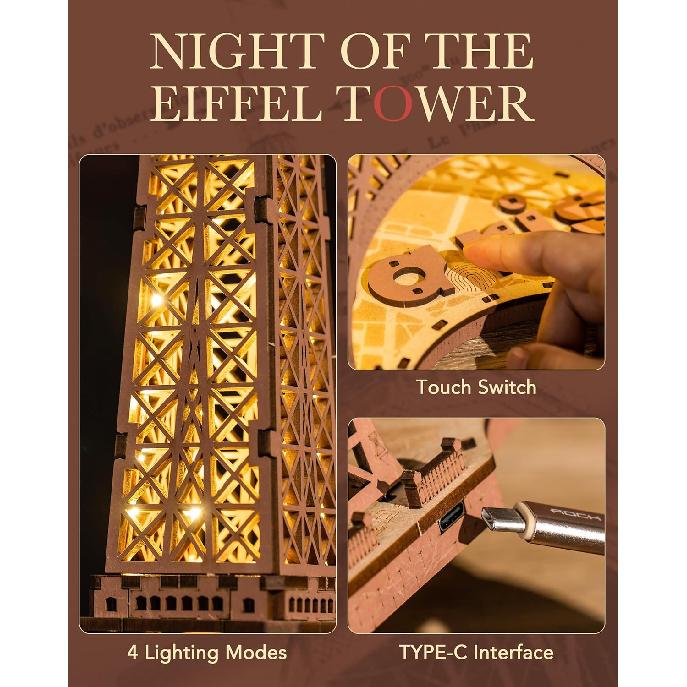 Rowood Eiffel Tower,3D Puzzle Model Kits for Adults,DIY 3D Wooden Puzzles for Adults,Builing Set with LED,Home Decoration Festival Gift Idea