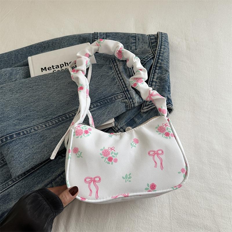 

Women s Bags 2026 Summer Nyl Pleated Handbags Armpit Bag Korean Floral Bow Printed Zipper Tote Bag Female Small Shoulder Bags белый