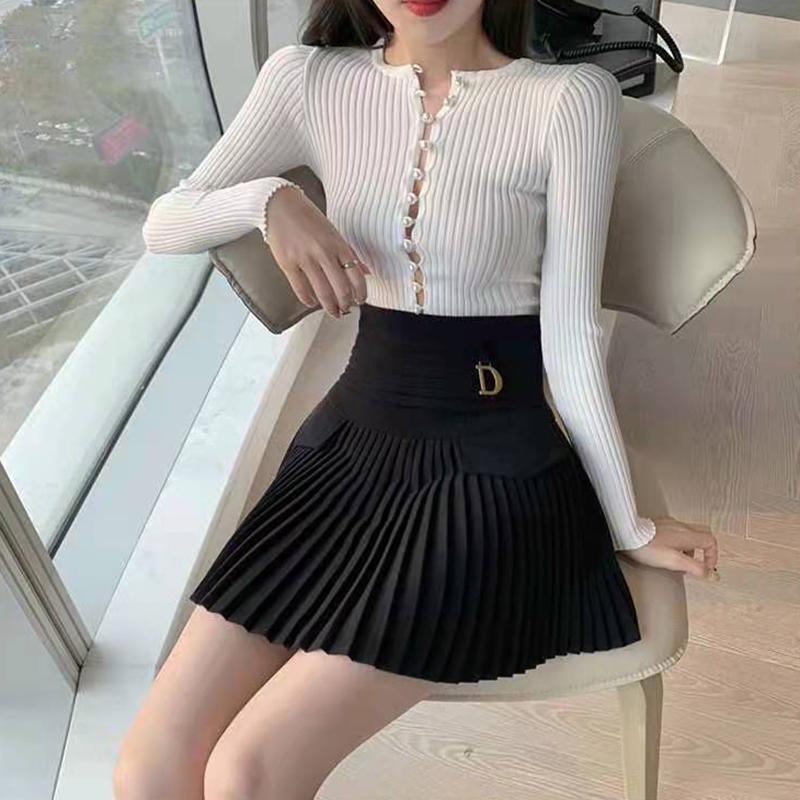 Black White Pleated Skirts Casual Slim College Women Korean Elastic High Waist Mini Metal Letter D A-line Skirts Clubwear