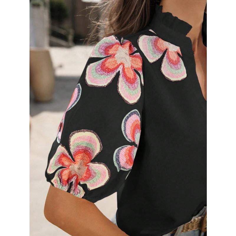 YYFS Modă Femei Casual Imprimeu Model Floral Vară Primăvară Mâneci 1/2 Decolteu în V Bluze & Cămăși