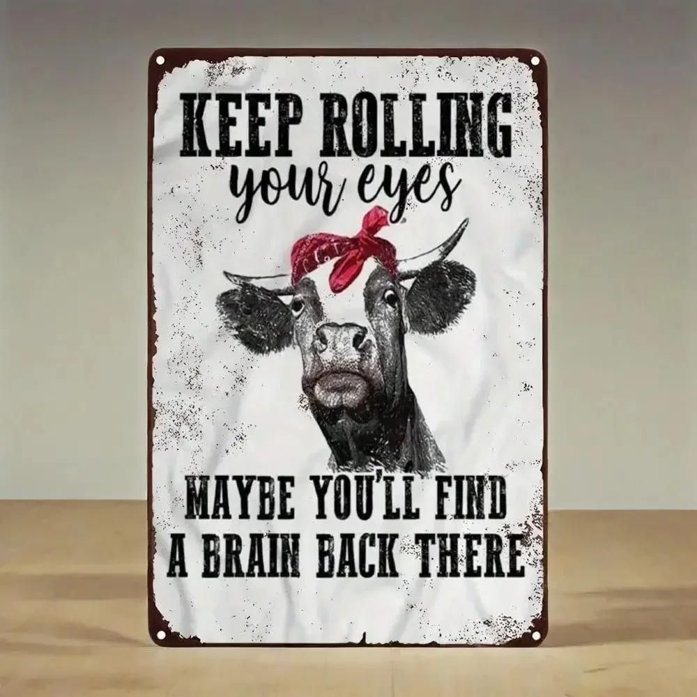 Ironic Cow Metal Wall Art for Home Bar Decor Funny Brain Logo Sign