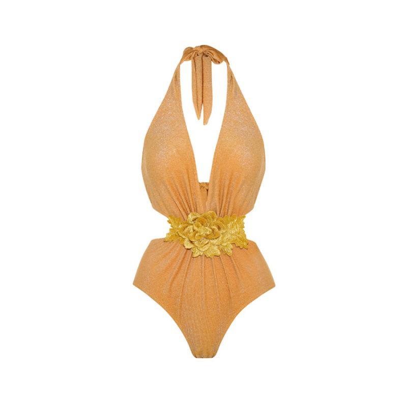 Jednokolorowy Błyszczący Kostium Kąpielowy Jednoczęściowy z Wycięciami i Długim Rękawem 2023 - Nowy Styl Europejski i Amerykański