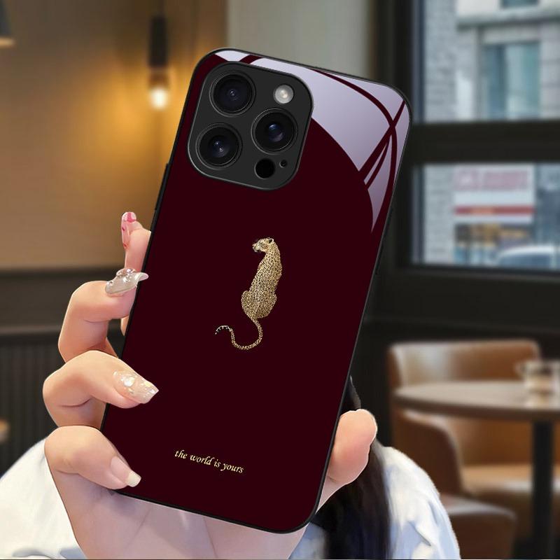 Leopardo rašto grūdinto stiklo juodas telefono dėklas, skirtas iPhone 17 16 15 14 13 12 11 Pro Max 17 Air 7 8 Plus XR XS X, atsparus smūgiams dangtelis