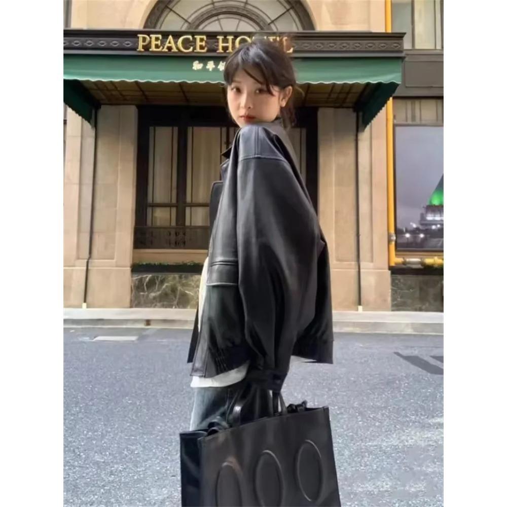 Vintage PU Leather Jacket Women Spring Autumn Retro Black Brown Casual Fashion Zipper Cropped Loose Leather Moto Biker Coat