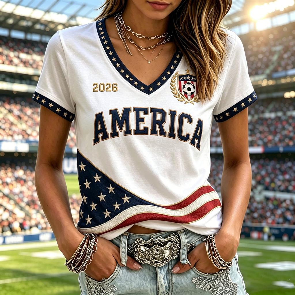 Women's Casual Short Sleeve V Neck Pullover Top Soccer Print Graphic Tee Lightweight Comfortable Fit