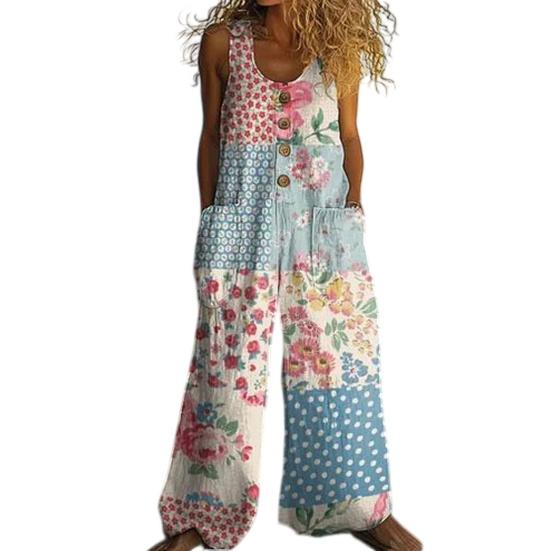 Women's Floral Printed Wide Leg Jumpsuit Sleeveless Button Front Romper Summer Casual Loose Overall with Pockets
