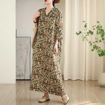 New Color V-neck Retro Long Skirt Cotton Linen Dress