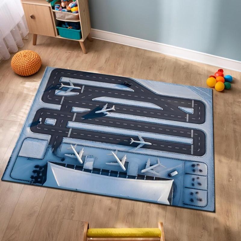 Airport Runway Carpet Airplane Scene Rug Kids Play Mat Home Decoration Non-Slip Soft Floor Mat for Children Playroom Living Room