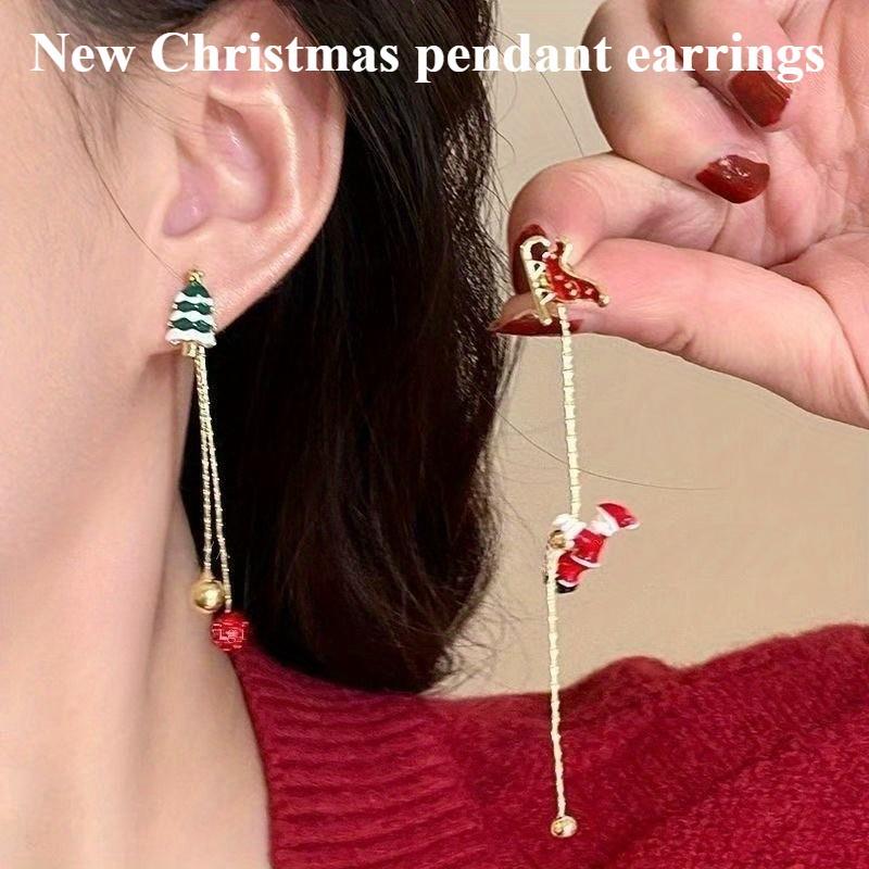 2pcs Elegant Christmas Tree Earrings - Alloy Dangle Earrings with Santa Claus & Snowman Design, Long Pendant for Holiday Parties