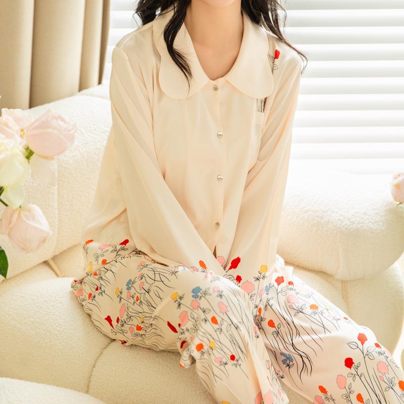 Set Pigiama da Donna 2 Pezzi Primavera Estate Stampa Floreale Indumenti da Notte Manica Lunga Pantaloni Tute Dolce Ampio Raso Abbigliamento da Casa Loungewear