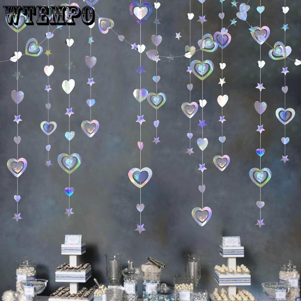 4pcs 39.36ft Streamers Iridescent 3D Heart Twinkle Star Garland Holographic Paper Streamer Banner for Birthday Mother's Day Anniversary