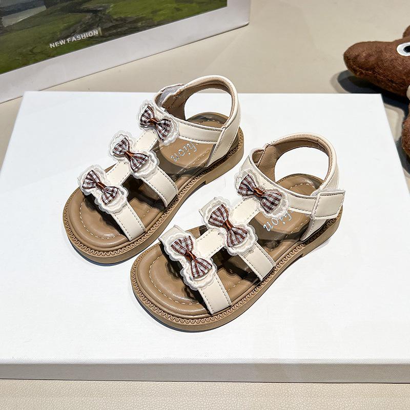 Girls  Trendy Open-Toe Lolita Bow Roman Sandals - Summer 2026 Fashion 28 бежевый
