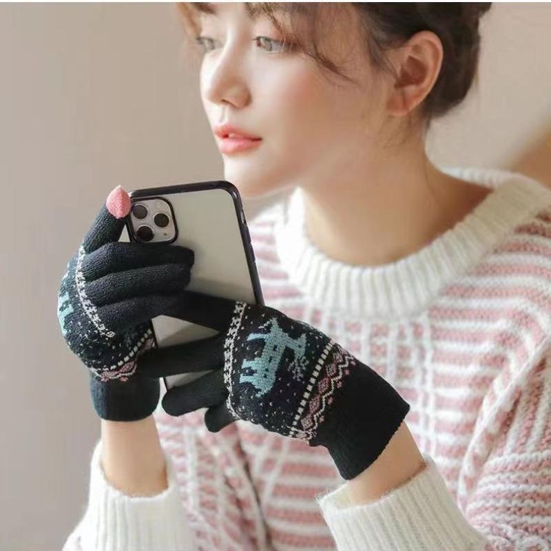 Deer Christmas Warm Gloves Five Fingers Wool Knitted Cotton Student Adult Riding Cartoon Gloves Female