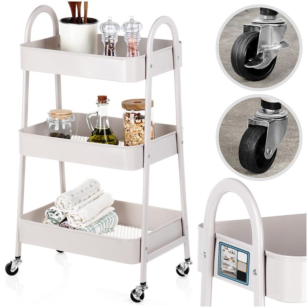 Beige Metal 3-Level Shelf On Wheels 44X31.5X78.5 Cm