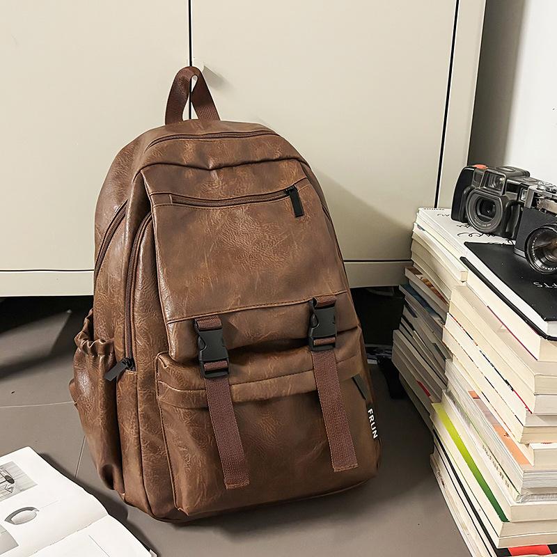 Schoolbag New Casual Backpack Men's Business Computer Bag PU Leather Large Capacity School Bag High School Student Backpack