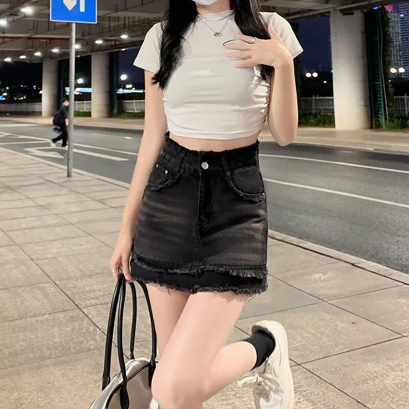 

2024 Американская Ретро Юбка-Бодикон из Денима с Высокой Посадкой - Корейский Стиль, Необработанный Край, Приталенная Юбка Миди для Весны/Лета M чёрный