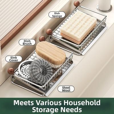 Stainless Steel Kitchen Sink Storage Rack Self Draining Non-slip Soap Sponge Rack Anti-rust Moisture-Proof Dishcloth Organizer
