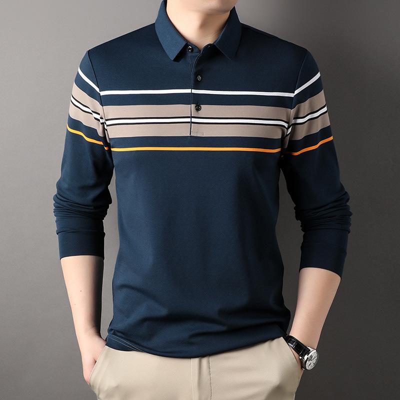 

Осенняя новая мужская рубашка поло, для молодежи и среднего возраста, модная повседневная полосатая футболка с длинными рукавами, свободная рубашка для мужчин L